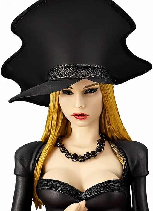 Prompt: Image on the store website, eBay, Full body, Detailed Miniature of a beautiful female sorceress, dress in black, tricorn hat