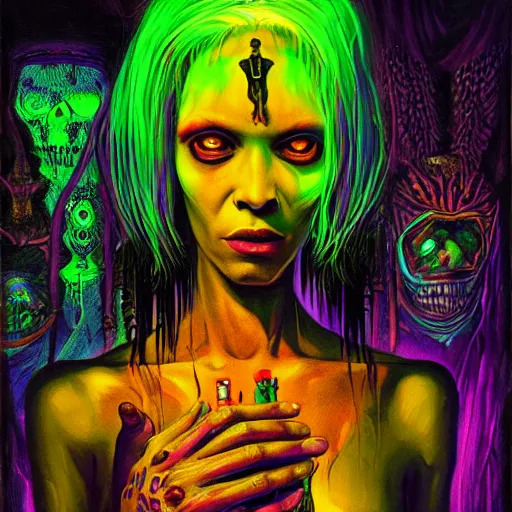 Image similar to a death tarot featuring a haitian voodoo priestess with menacing eyes, blacklight neon colors, by anton semenov and android jones in cyberpunk voodoo style, oil on canvas, 8k