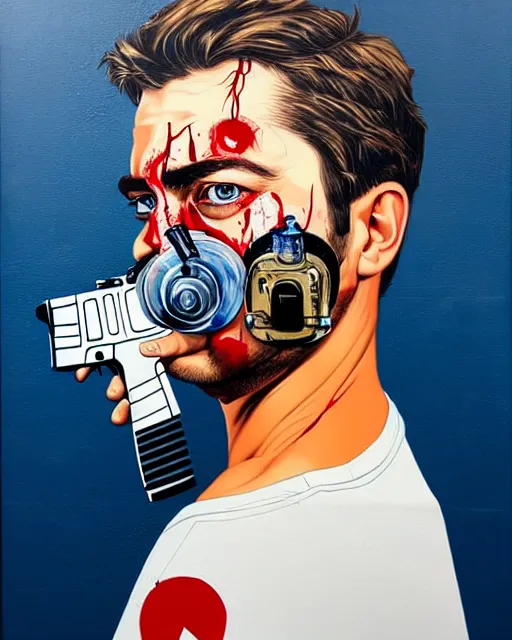 Prompt: portrait of a man wearing oxygen mask, has a gun, blood, a pistol with sea background intricate details with horror side profile by Sandra Chevrier