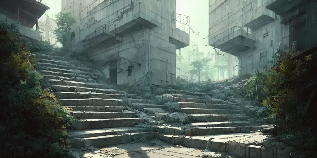 Prompt: a wholesome animation key shot of a post apocalyptic concrete stairs, graffiti, covered by nature hipster vibes by studio ghibli, animation, sharp, rendered in unreal engine 5, focused, anime key art by greg rutkowski, bloom, dramatic lighting