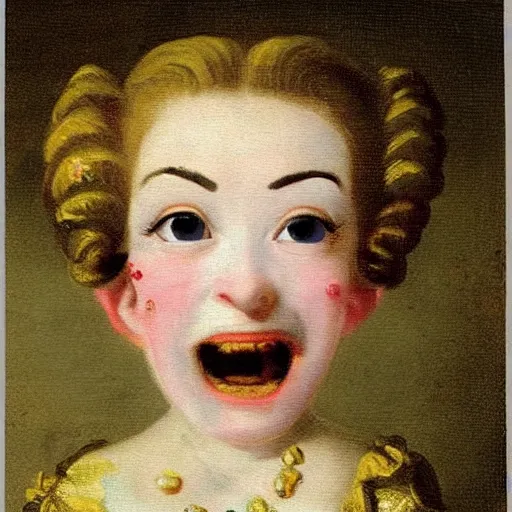 Image similar to helga pataki's teeth, soft rainbow, painting by francois boucher, sad minion eyes