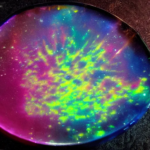 Prompt: a nebula inside an agar plate, cyberpunk tower lightning spectrum iridescent light shining through matrix of a city, oil paint