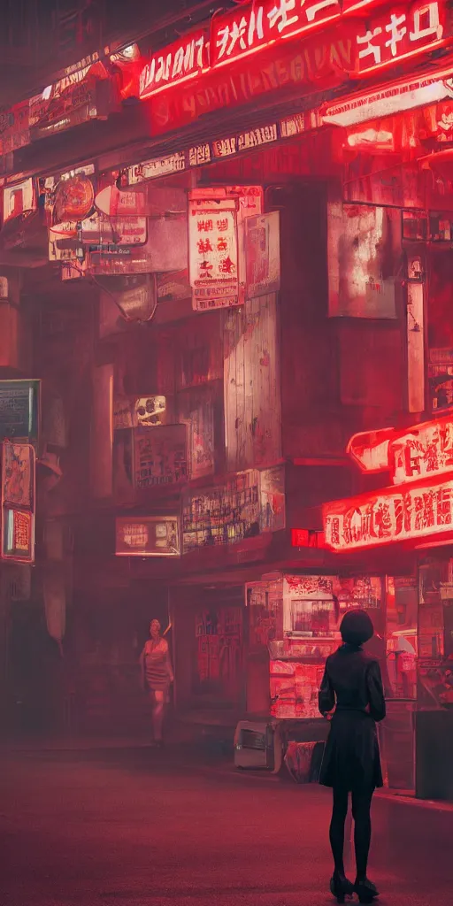 Prompt: blade runner movie still of a school girl at an outdoor noodle stand, hyper realism, rack focus, close establishing shot, empty street, monochromatic, red neon, soft dramatic lighting, 4 k digital camera