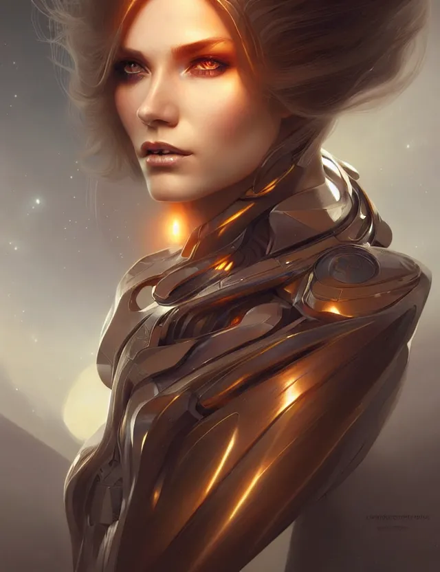 Image similar to futuristic woman portrait, sci-fi, amber eyes, face, long hair, fantasy, intricate, elegant, highly detailed, digital painting, artstation, concept art, smooth, sharp focus, illustration, art by artgerm and greg rutkowski and alphonse mucha