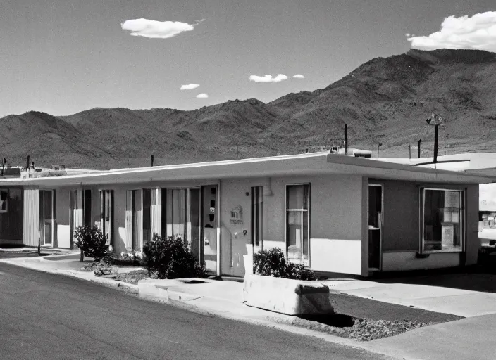 Image similar to a midcentury modern motel in reno nevada in the year 1 9 6 7