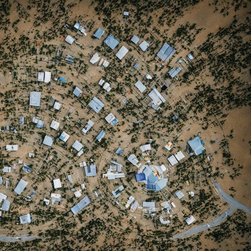 Image similar to aerial view of futuristic commune in the australian outback, parks, recreation, village, high technology, biomimetic, urban planning, XF IQ4, 150MP, 50mm, F1.4, ISO 200, 1/160s, natural light