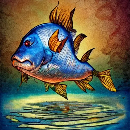 Image similar to a guffy looking fish jumping out of a beautiful lake with a funny day, in the style of Patrick woodroffe