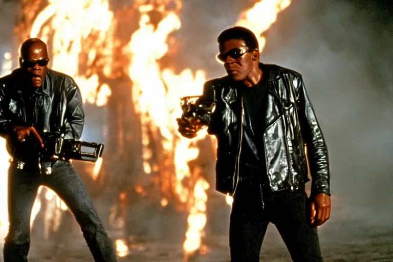 Image similar to Samuel L. Jackson plays Terminator wearing leather jacket and his endoskeleton is visible, action scene from the film