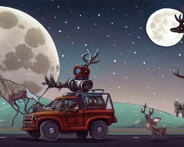 Image similar to a cell shaded cartoon grey lovecraftian mechanized santa + deer robot, with a big head, on a desert road, wide shot, in front of a big moon, muted colors, post grunge, josan gonzales, wlop, by james jean, victor ngai, hq, deviantart, art by artgem