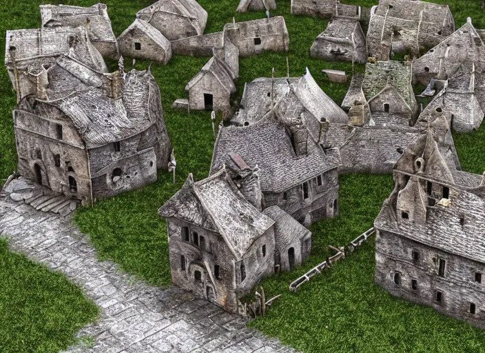 Prompt: medieval dead gardens, dark, light by gas lamps, moon lighting, cottages, mills, tile roofs, colorful painted stucco, stone walls, round windows, street lamps, water ways, dead trees, dead bushes, thorns, stone pathways, stairs, ponds, gazebos, bridges, 3d model, miniature, iso, isometric view, gas lighting, stone and wood, dead tree, digital art, unreal engine, artgerm, thomas kinkade, blizzard