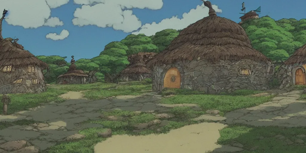 Prompt: a still of a background from spirited away of hobbiton, studio ghibli