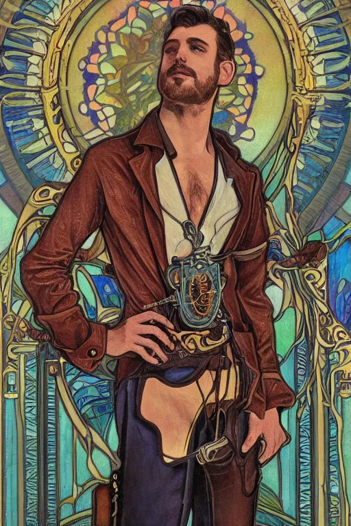 Prompt: a dramatic ethereal epic symmetrical painting of a handsome villainous cowboy standing in front of a train locomotive | his shirt is unbuttoned and he has a pocketwatch | tarot card, art deco, art nouveau, ( steampunk ), homoerotic, realistic | by louis comfort tiffany and alphonse mucha | trending on artstation