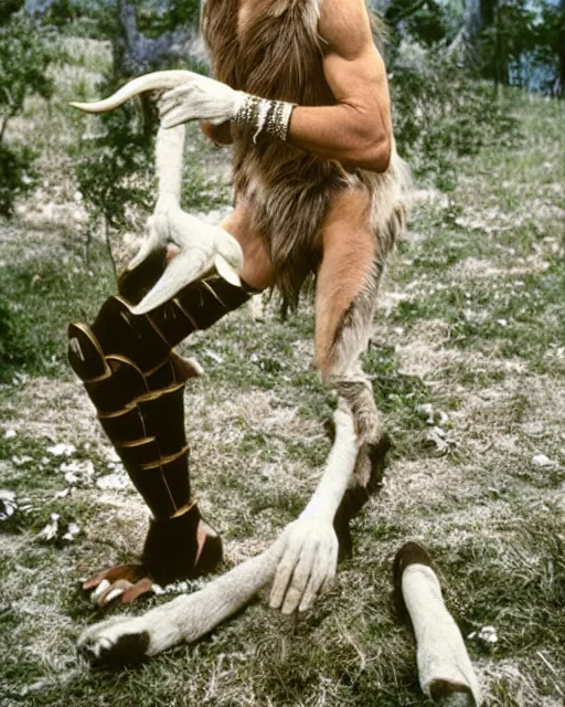 Prompt: actor Roddy McDowell in Elaborate Pan Satyr Goat Man Makeup and prosthetics designed by Rick Baker, Hyperreal, He has goat man legs, cloven feet and horns, He is holding a Pan Flute, he is wearing cargo pants, photos in the style of Annie Leibovitz