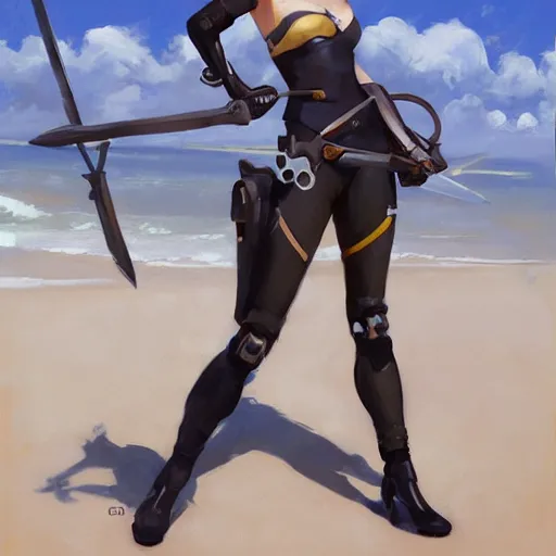 Image similar to greg manchess portrait painting of tracer from overwatch as 2 b nier automata on the beach holding a sword, organic painting, sunny day, matte painting, bold shapes, hard edges, street art, trending on artstation, by huang guangjian and gil elvgren and sachin teng