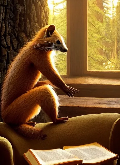 Prompt: A beautiful scene from a 2022 fantasy film featuring a humanoid pine marten wearing loose white clothing reading an ancient tome on a couch. An anthropomorphic pine marten. Golden hour.