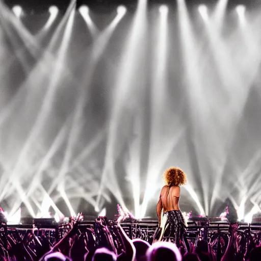 Image similar to Beyonce giving a concert, Fujifilm X-T3, 1/1250s at f/2.8, ISO 160, 84mm, 8K, RAW, symmetrical balance, Dolby Vision, HDR, Luminar AI