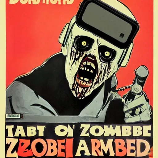 Image similar to old film poster zombie wearing vr, text reads zombie,!!!!!!!!! zombie!!!!!!!!!