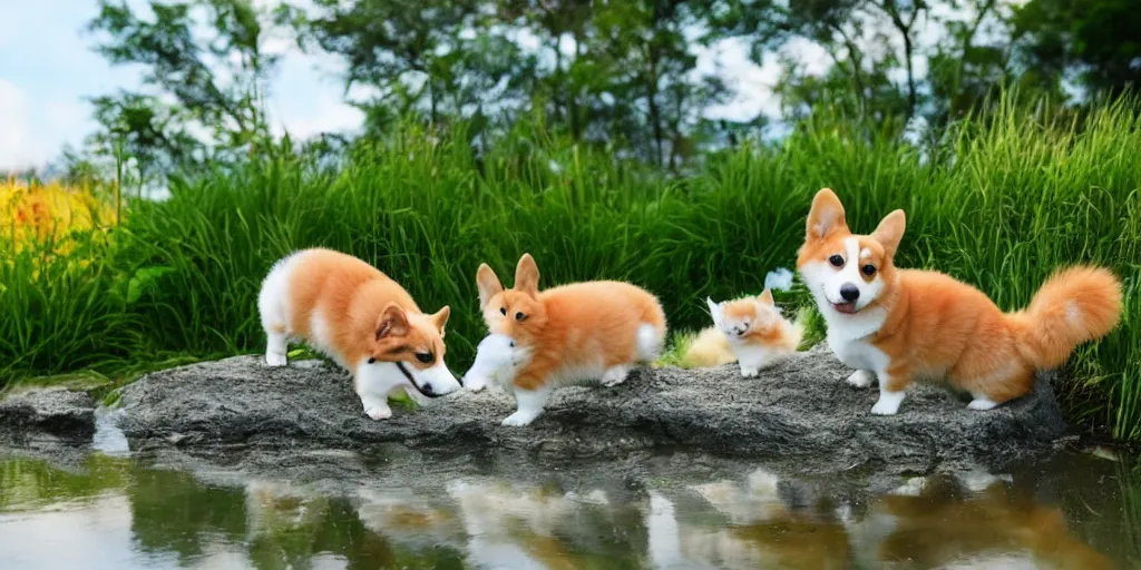 Prompt: A corgi by a pond, there is blue sky, there is water splash, there are kittens by the pond, the atmosphere is cheerful, the colors are bright, high picture quality, by Makoto Shinkai