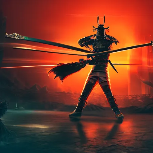 Prompt: wide angle photo of a samurai with a katana ready to fight a giant dragon flying in the middle of futuristic city, detailed, neon aesthetic, 8 k n - 4