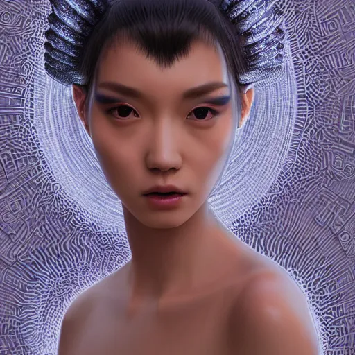 Image similar to portrait of an alien princess, style of Feng Zhu, Artstation geometric, aesthetic, smooth skin, unique features, symmetrical, intricate crown, high fashion, streetwear, cyberpunk, detailed, octane render, cinematic, 8k, opalescent skin,