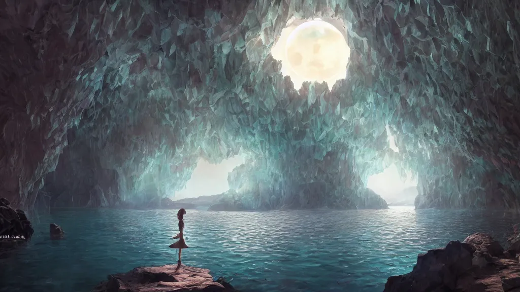 Image similar to inside a intricate crystal cave there was a lake, filled by the light of a beautiful silver moon, and over it was the sky, dynamic lighting, cinematic lighting, lit by moonlight, by krenz cushart and ilya kuvshinov and artgerm, unreal engine, featured on artstation, ultrawide angle, polarizer filter : 1 0
