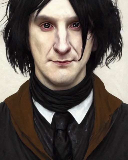 Image similar to portrait of a 3 2 - year - old man wearing black clothes, snape severus, with black, greasy, mid - length hair, hooked nose, dark brown eyes, yellow uneven teeth, highly detailed, digital painting, artstation, concept art, smooth, sharp focus, illustration, art by artgerm and greg rutkowski and alphonse mucha