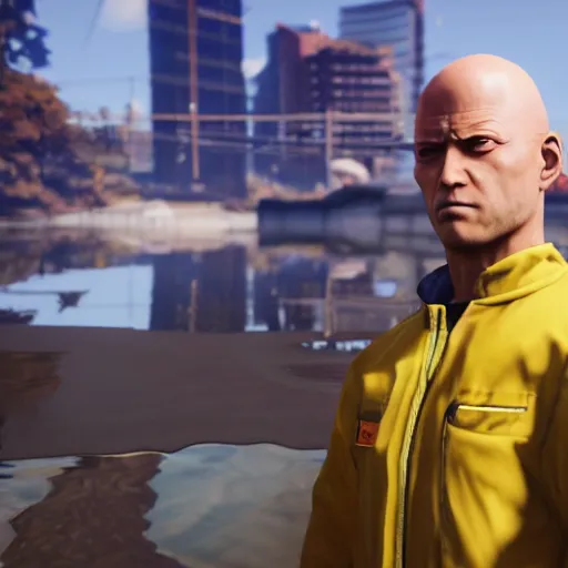 Image similar to a portrait of saitama as a gta 5 character ingame shot from gta 5, ray tracing x, wet reflections, unreal engine 5, intricate details, fantasy, hyper realism, humongous view, smooth, cinematic