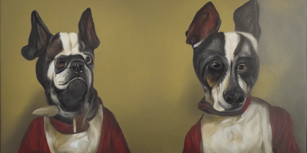 Image similar to Pedro Sánchez as anthropomorphic dog, oil painting