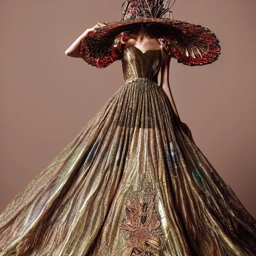 Image similar to exclusive evening dress made of bronze transparent fabric fantasy with colored flower petals made of fabric. intricate asymmetrical patterns. an elegant hat. hyperrealistic photos, clear details.