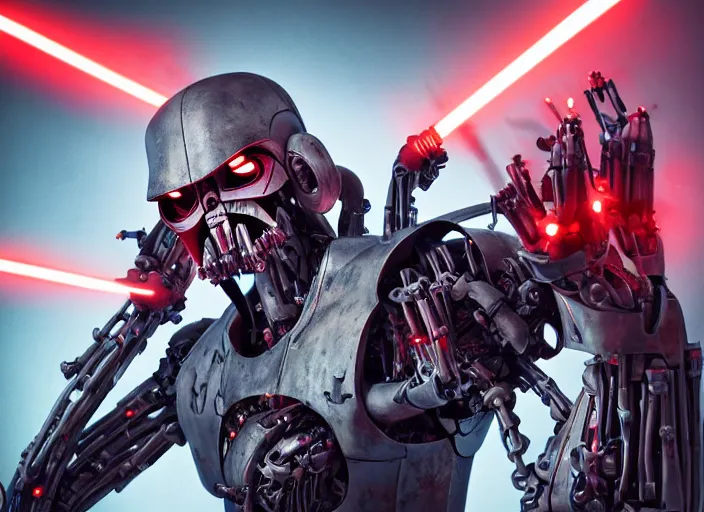 Image similar to portrait photo of general grievous with heavy duty biomechanical cybernetic body with 4 arms holding 4 activated red lightsabers in the rain. cyberpunk horror style.