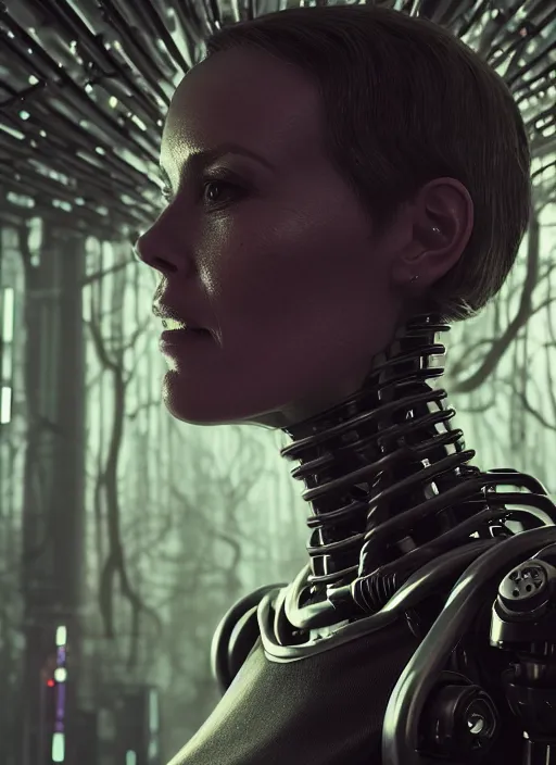 Image similar to 35mm portrait of a sophisticated intricate terminator woman's head on the background of a weird magical mechanical forest. Round gears visible inside her hear. Very detailed 8k. Fantasy cyberpunk horror. Sharp. Unreal 5 render with nanite, global illumination and path tracing.