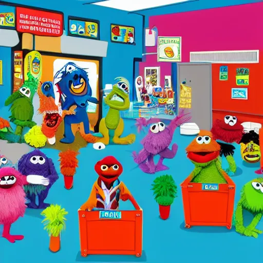 Prompt: wide angle shot of traffic on sesame street with muppets colorful cel shading, cookie monster, elmo, oscar the grouch