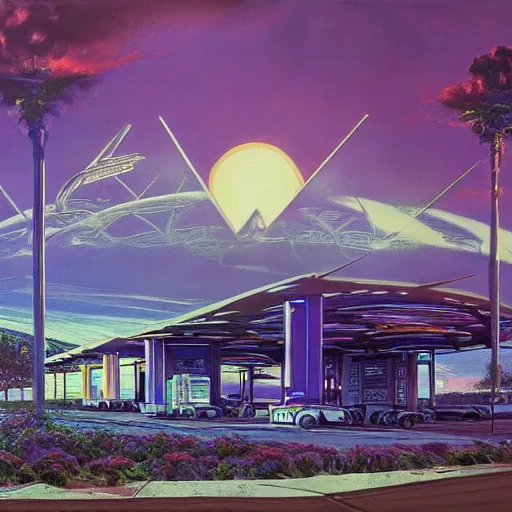 Prompt: painting of syd mead artlilery scifi organic shaped gas station with ornate metal work lands on a farm, floral ornaments, volumetric lights, purple sun, tomas sanchez