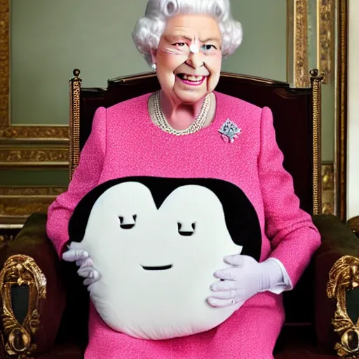 Image similar to The Queen of England holding an anime plush pillow and smiling