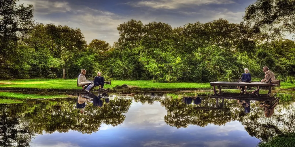 Image similar to mathematician and a philosopher sitting on a bench in front of a pond, intricate detailed reflection, HDR,