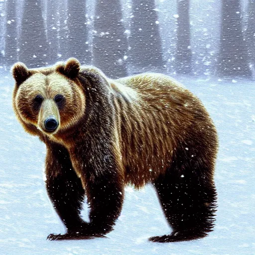 Image similar to grizzly bear in a snow storm, impressionism, artstation