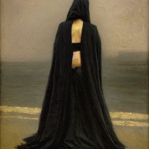 Image similar to Back view of the grim reaper as a beautiful woman, thin black robe, death himself, elegant, deep shadows, award winning, by Ilya Repin, deviant art