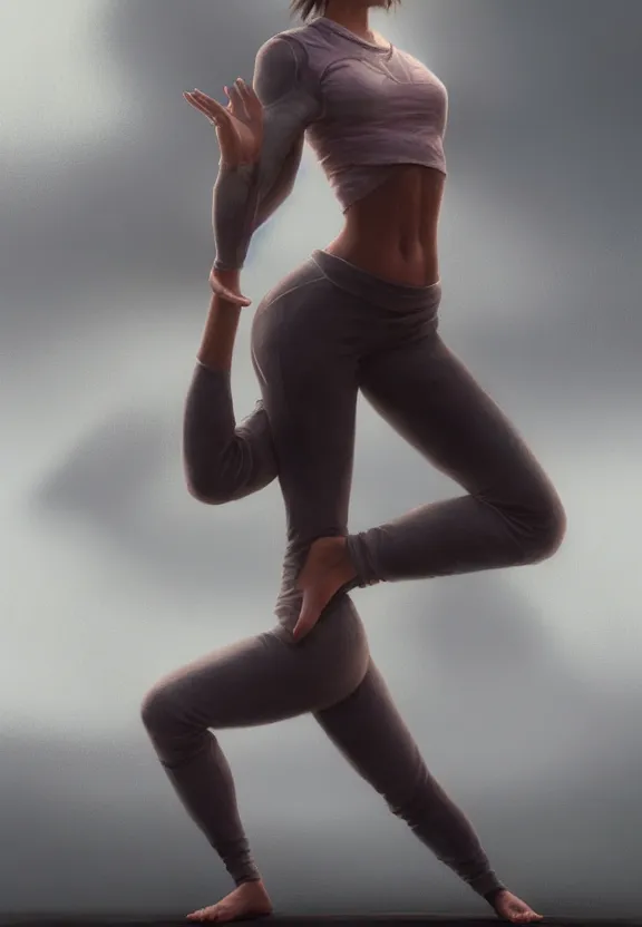 Prompt: vfx, Brooks and Brad kunkle detailed, female wearing yoga pants, volumetric lightning, highly detailed, concept art, art station, center of