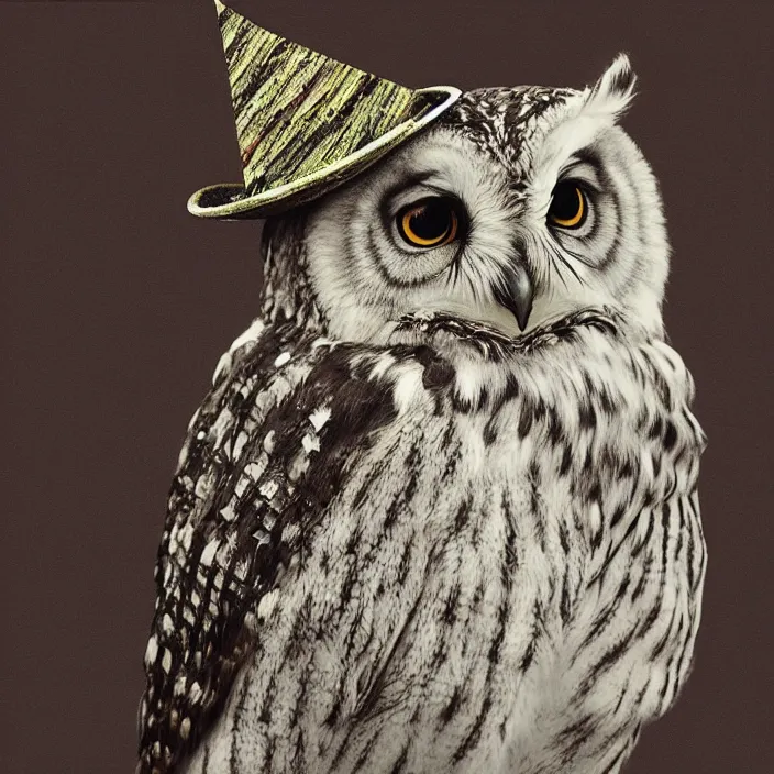 Image similar to realistic cute owl wearing a birthday hat by koson ohara