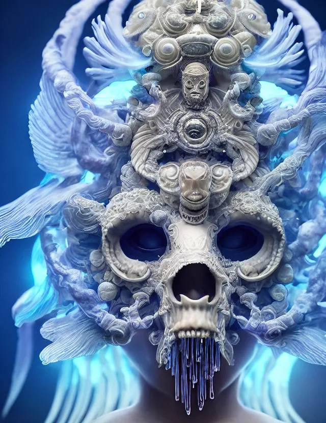 Image similar to goddess macro close - up portrait with mask made of ram skull. betta fish, jellyfish phoenix, bioluminiscent, plasma, ice, water, wind, creature, super intricate ornaments artwork by tooth wu and wlop and beeple and greg rutkowski