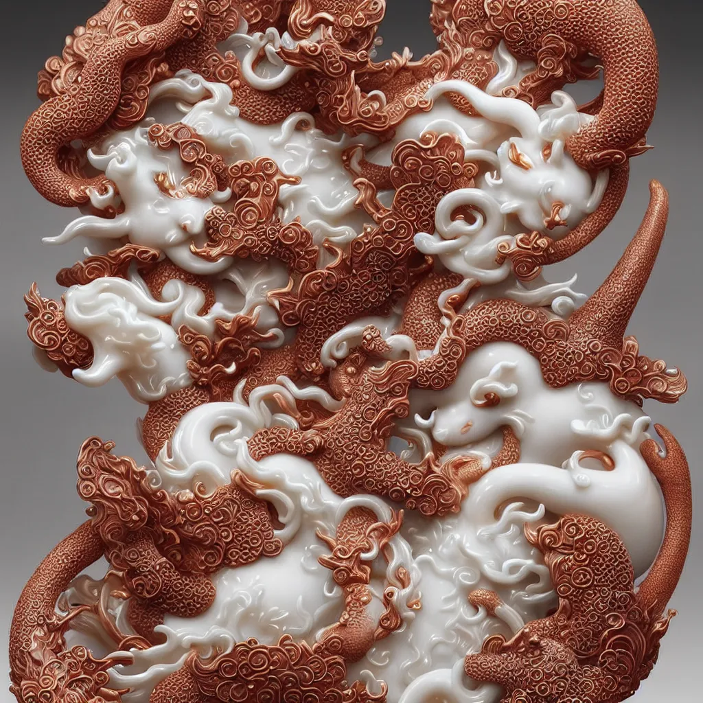 Image similar to a single close up photo - real delicate ceramic porcelain sculpture of an ornate kitsune detailed in front of an intricate background by victo ngai and takato yamamoto, micro detail, backlit lighting, face in focus, subsurface scattering, translucent, thin porcelain, octane renderer, colorful, physically based rendering, japanese pottery, trending on cgsociety