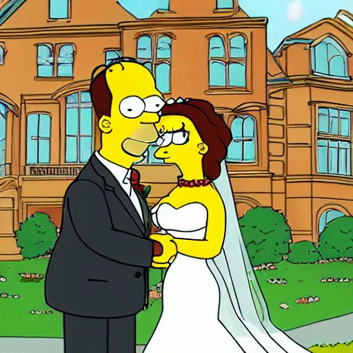 Prompt: a beautiful scrinshort of wedding couple in style of simpsons cartoon, coherent symmetrical faces