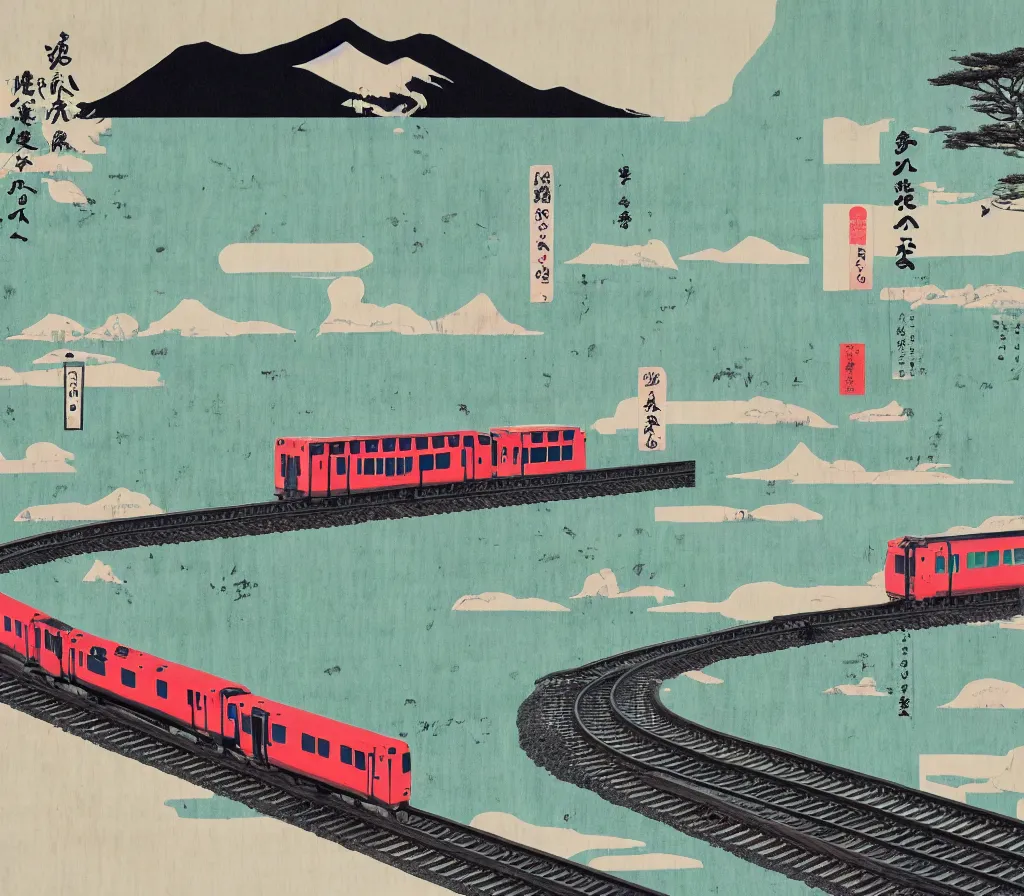 Image similar to seaside landscape train rural japan, a collage painting, in the style of wes anderson, lola dupre, david hockney, isolated on negative white space background dark monochrome fluorescent neon spraypaint accents volumetric octane render