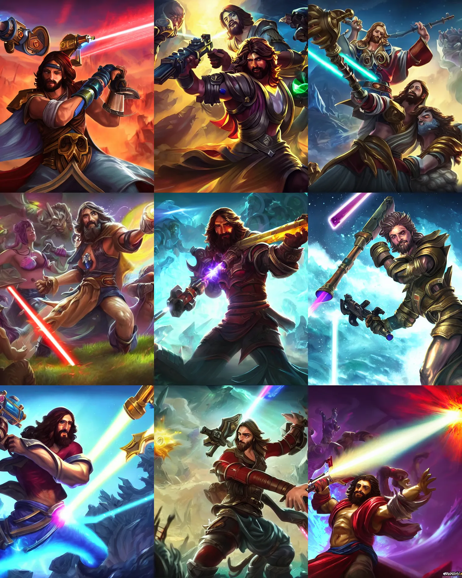 Prompt: Jesus wielding a laser minigun, league of legends splashart