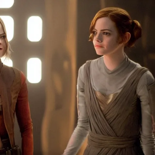 Prompt: emma stone and emma watson in Star Wars, movie still