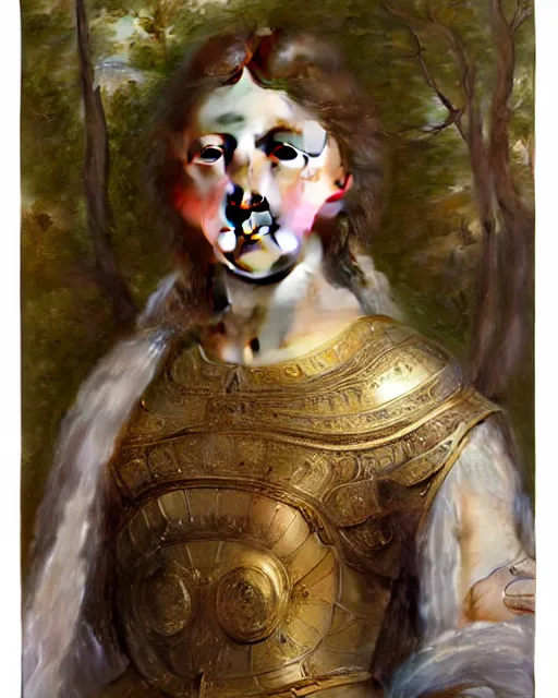 Prompt: a 16-year old girl who resembles Ana de Armas and Saoirse Ronan, dressed in ornate, detailed, intricate iridescent opal armor, detailed oil painting by William Adolphe Bouguereau and Donato Giancola