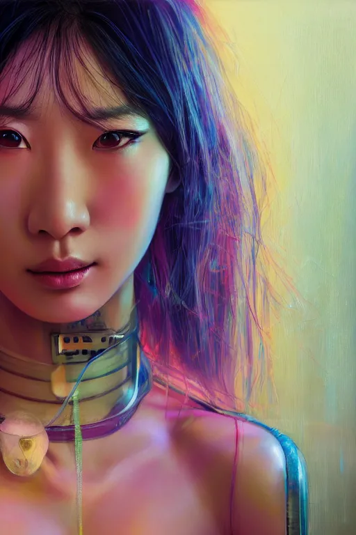 Image similar to stunning highly detailed portrait of a beautiful asian female cyberpunk, soft lighting, pastel neon colors, oil on canvas, strong lighting, by Glenn Fabry, HD, 4K