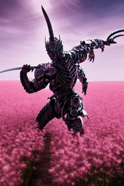 Image similar to illustration cinematic cyborg dragon yielding katana in a field of pale pink flowers, highly detailed smooth digital art masterpiece, vitaly bulgarov dramatic light, ground angle uhd 8 k, sharp focus