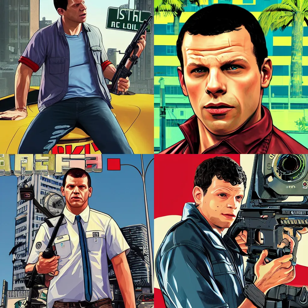 Prompt: Jake Peralta in GTA V, cover art by Stephen Bliss, no text