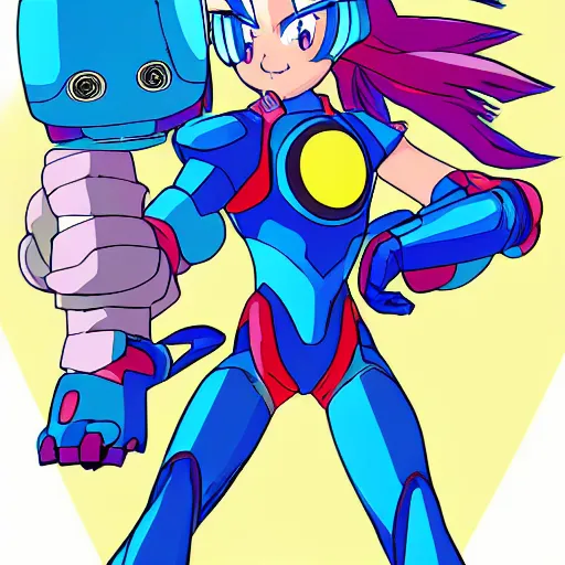 Prompt: mega man's kid sister. cyberpunk, anime, no helmet, long blue hair on her head, gold armor by john romita jr